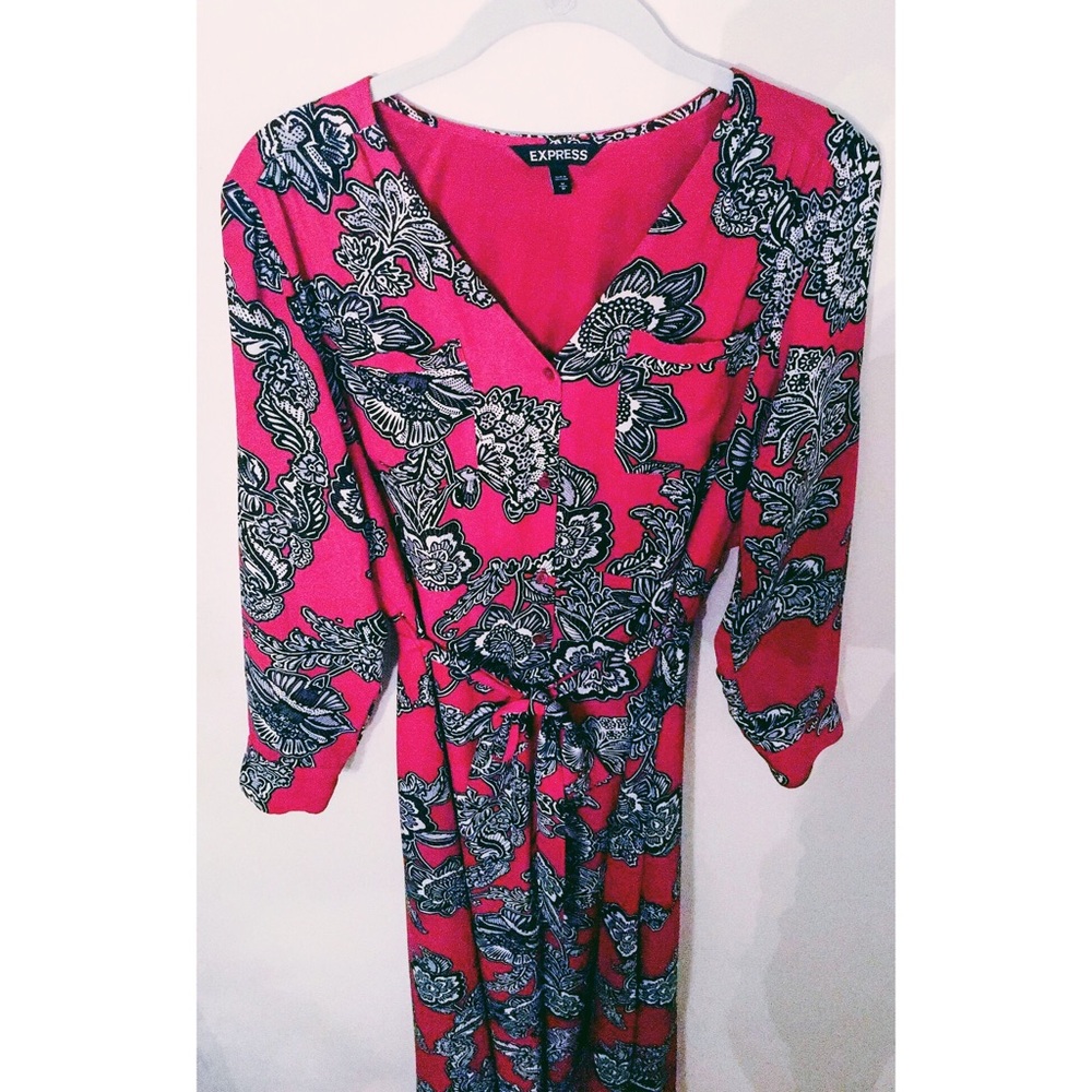 EXPRESS BURGUNDY FLORAL MAXI SHIRT DRESS SZ M